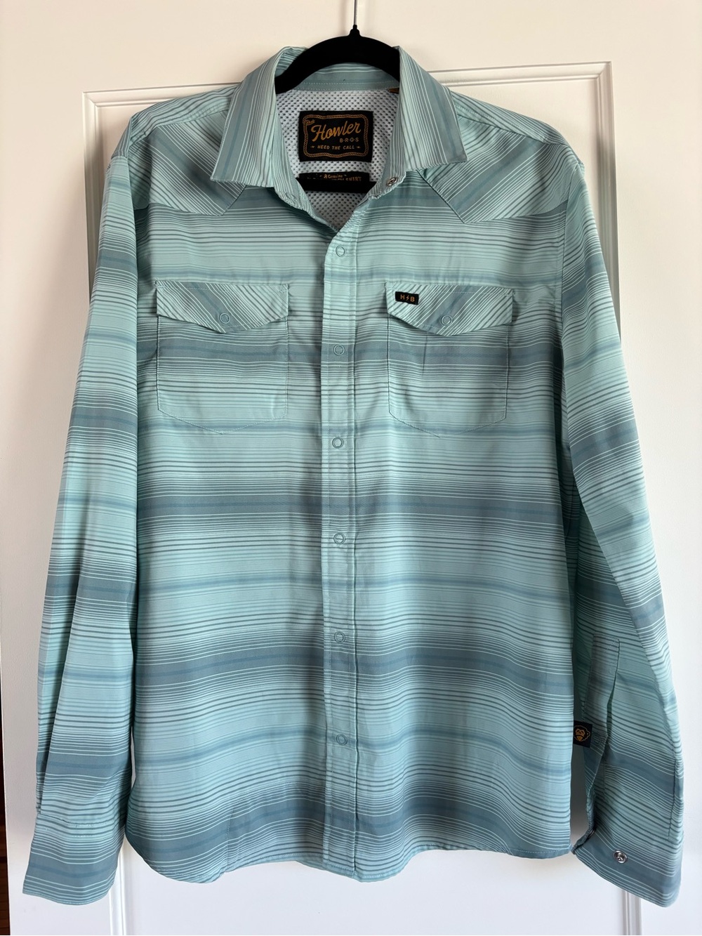 Howler Brothers Genuine H-BAR-B Tech Shirt Men's Teal Striped Button-Up Size S